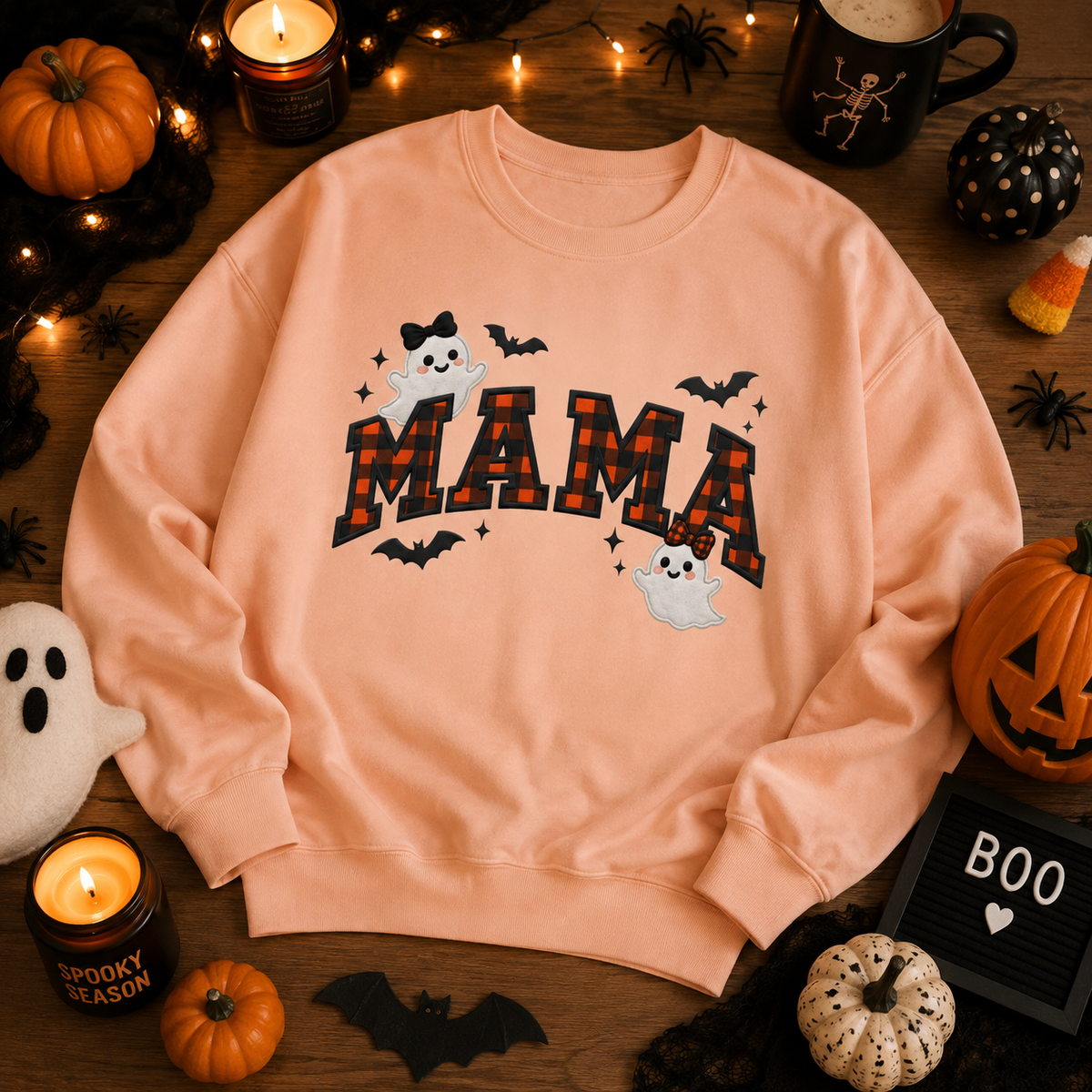Mama Halloween Crewneck Sweatshirt, Plaid Ghost & Bat Pullover