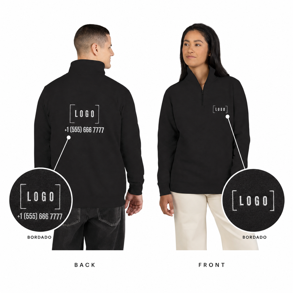 Black embroidered fleece half-zip pullover with a customizable logo on the left chest