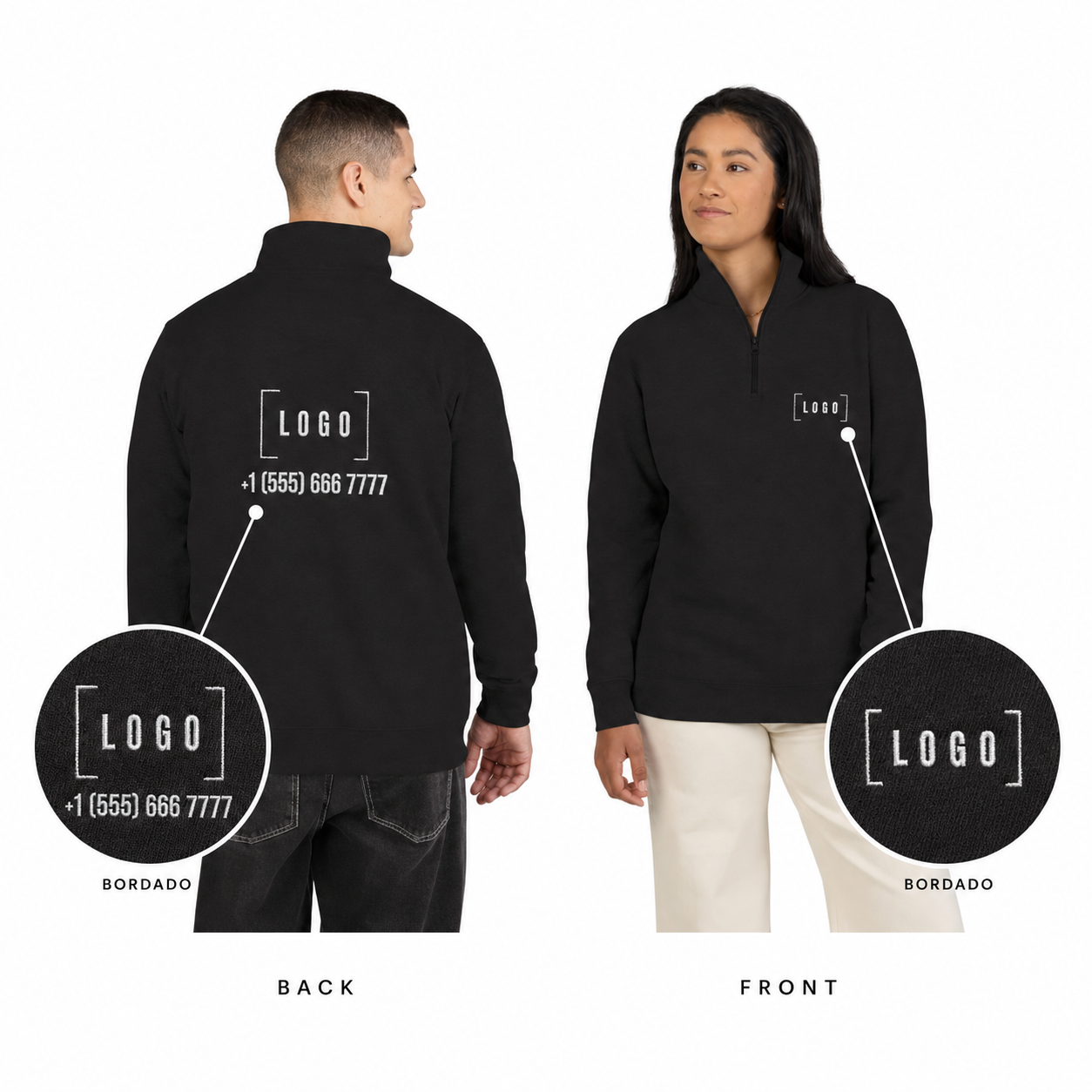 Black embroidered fleece half-zip pullover with a customizable logo on the left chest