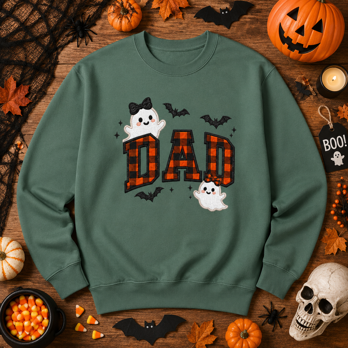Halloween Plaid Dad Sweatshirt, Ghost & Bat Pullover Gift
