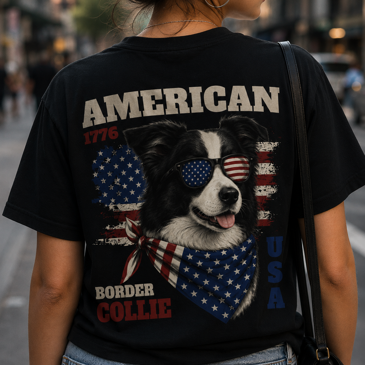 Person wearing a black t-shirt with an American Border Collie graphic design.