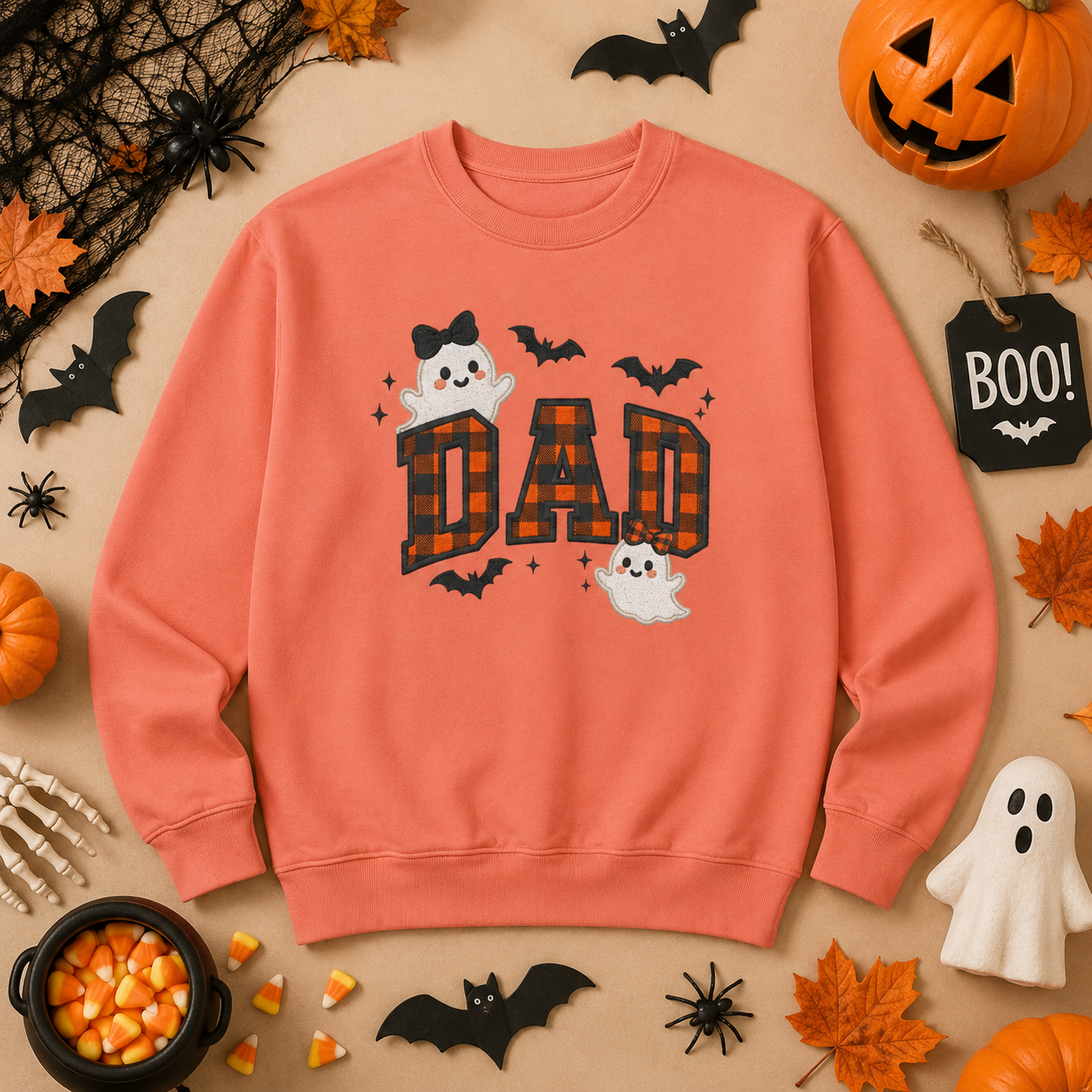 Halloween Plaid Dad Sweatshirt, Ghost & Bat Pullover Gift