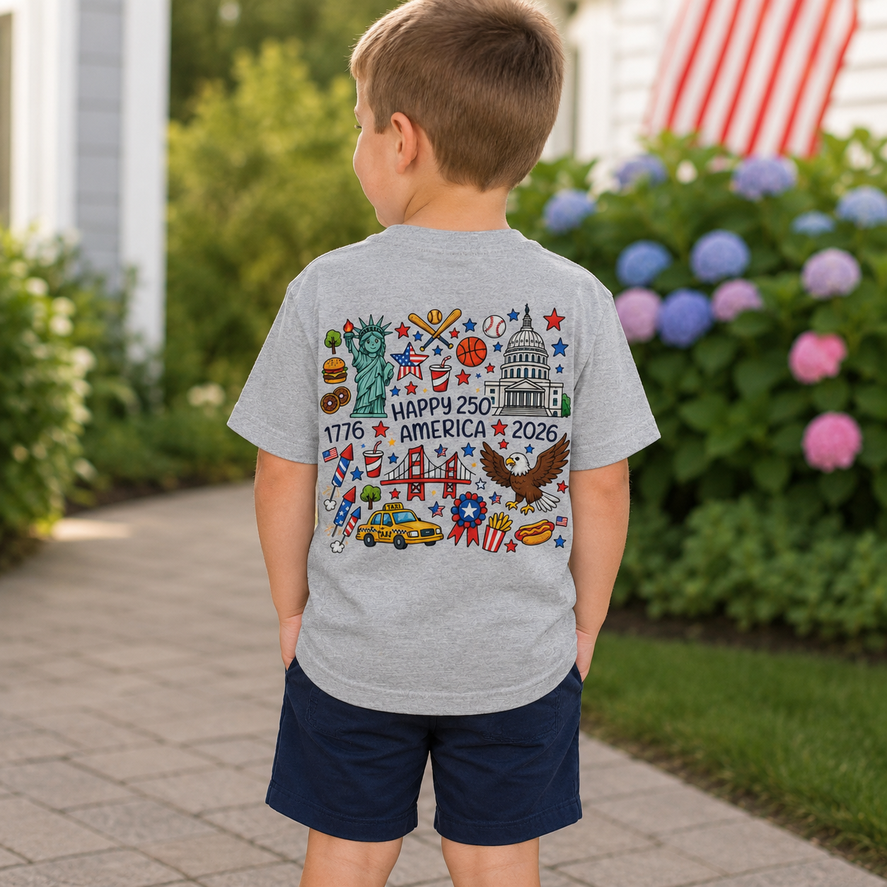 Custom Name 4th of July Toddler Shirt | Personalized USA Icons Tee for Boys and Girls, Sizes 2T–6T