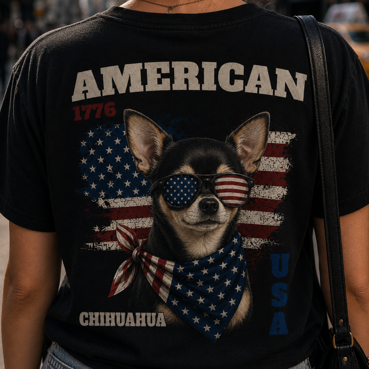 Person wearing a black t-shirt with a graphic of a Chihuahua, American flag, and text 'American 1776 Chihuahua USA'.