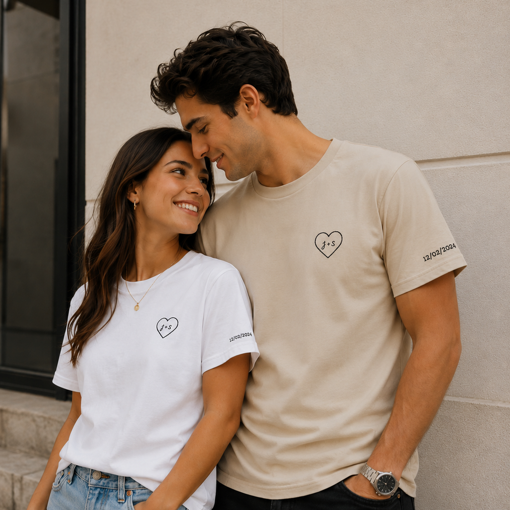 Couple wearing matching t-shirts with a heart design against a neutral background