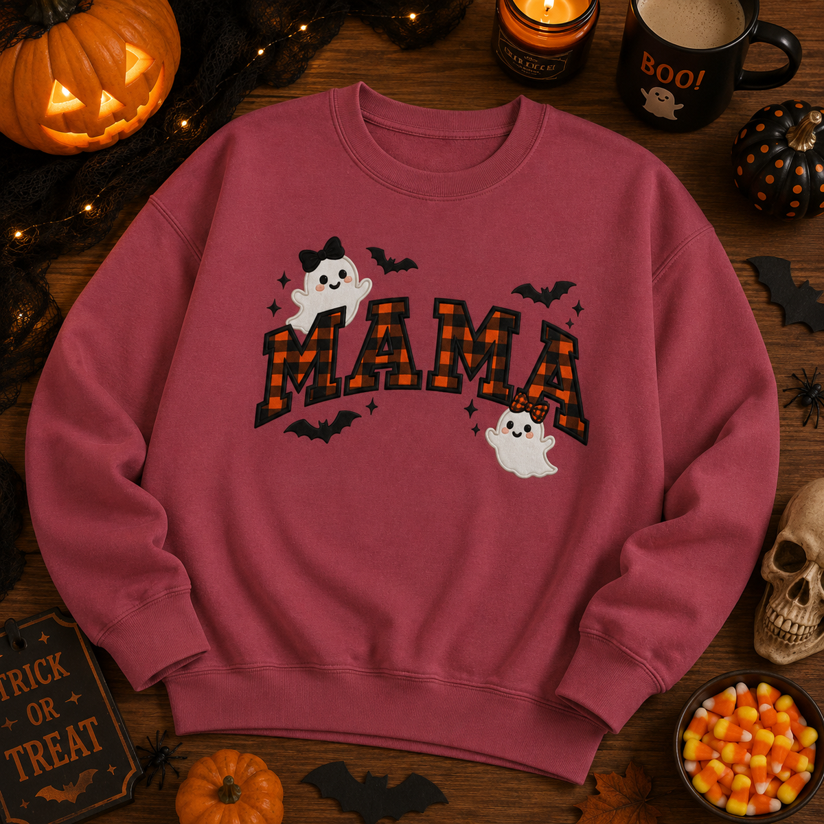 Mama Halloween Crewneck Sweatshirt, Plaid Ghost & Bat Pullover