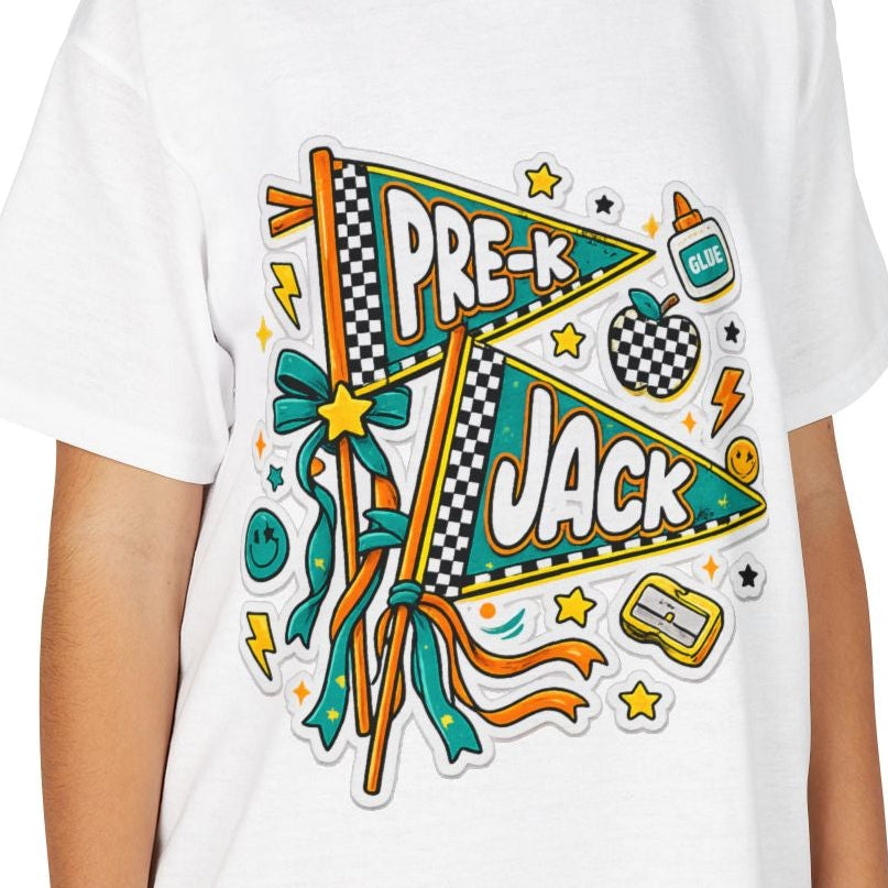 A young girl with long brown hair smiling, wearing a white short-sleeve t-shirt with a colorful 'PRE-JACK' graphic on the front, paired with khaki cargo pants, against a solid white background.