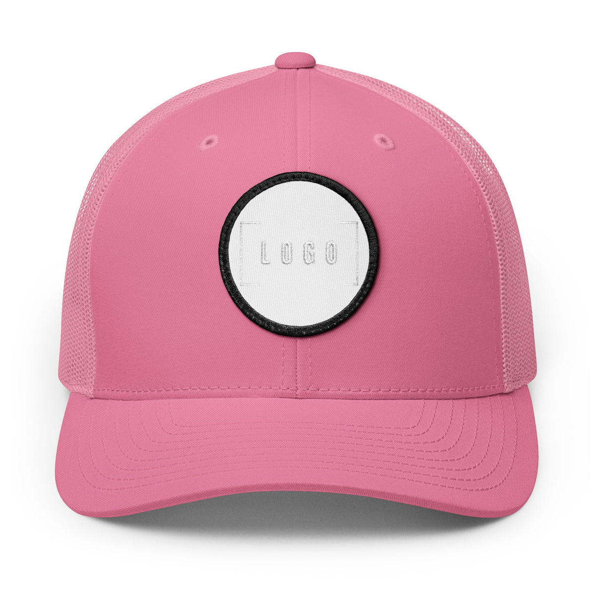 Pink embroidered trucker cap with a customizable logo on the front panel patch