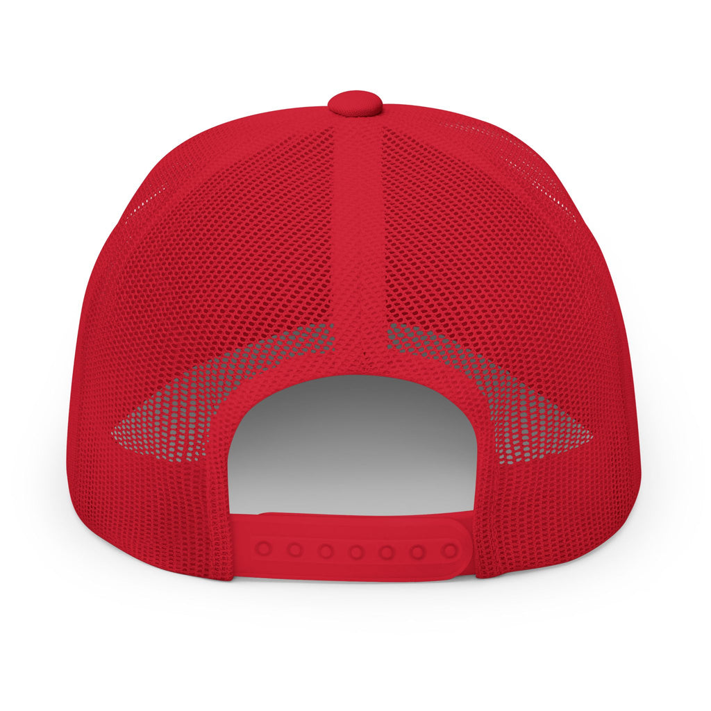 Red embroidered trucker cap with a customizable logo on the front panel patch