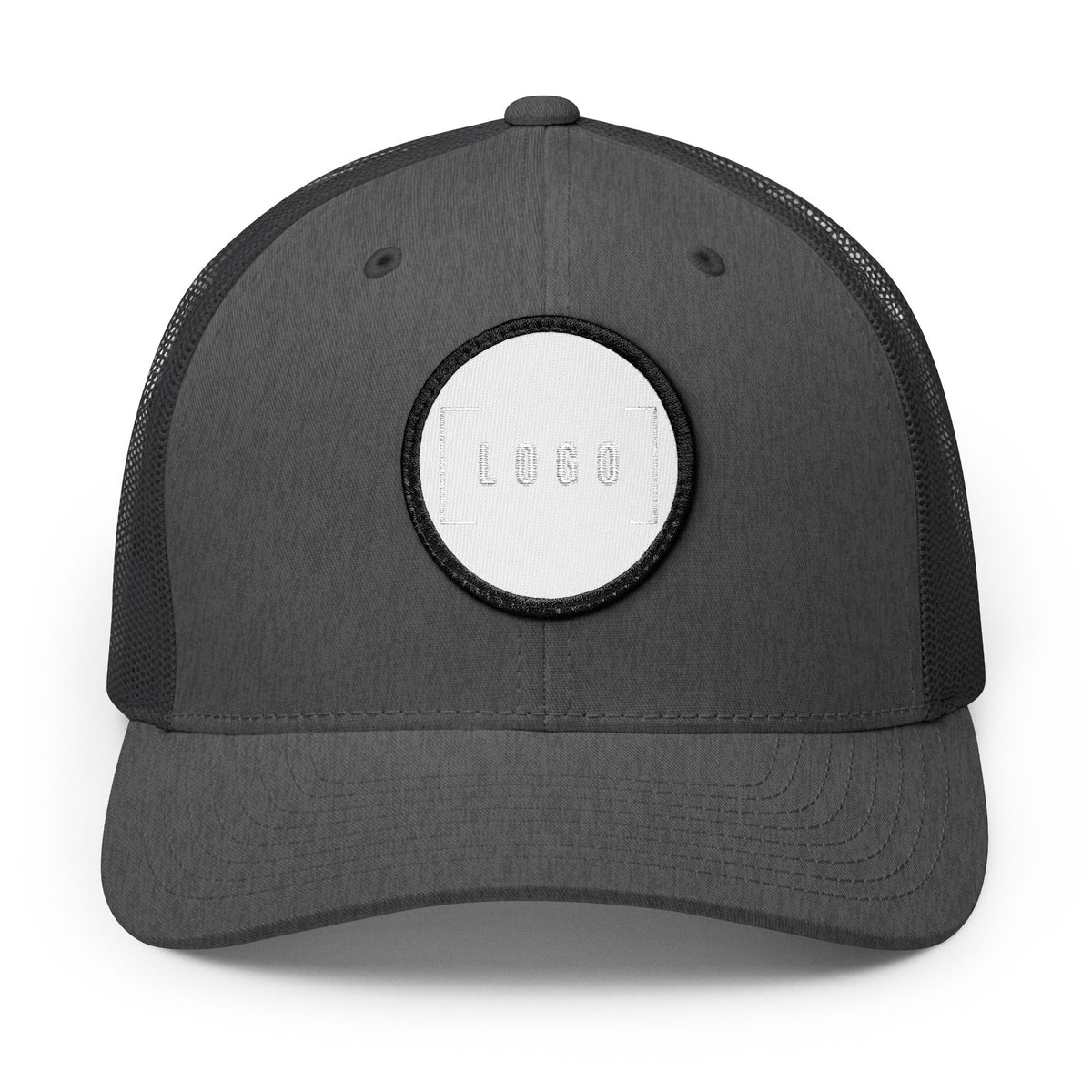 Charcoal embroidered trucker cap with a customizable logo on the front panel patch