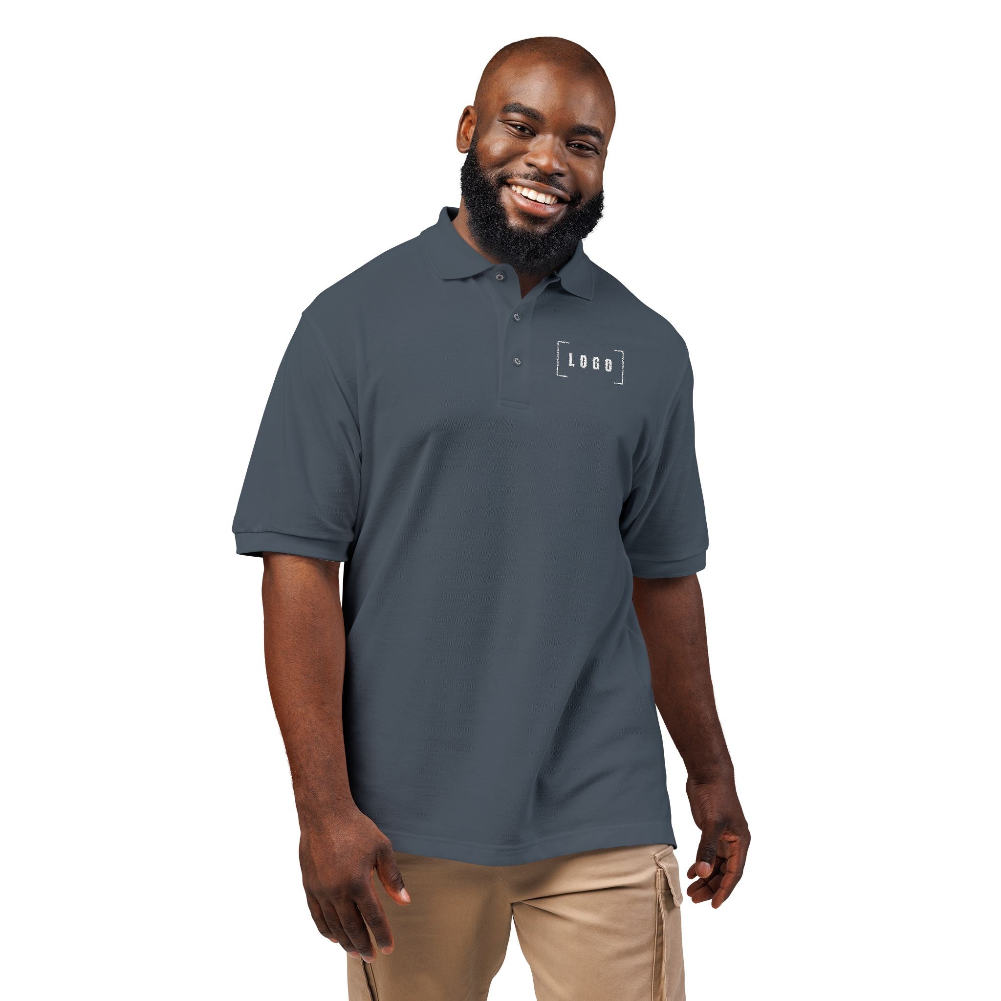 Navy embroidered polo shirt with a customizable logo on the left chest