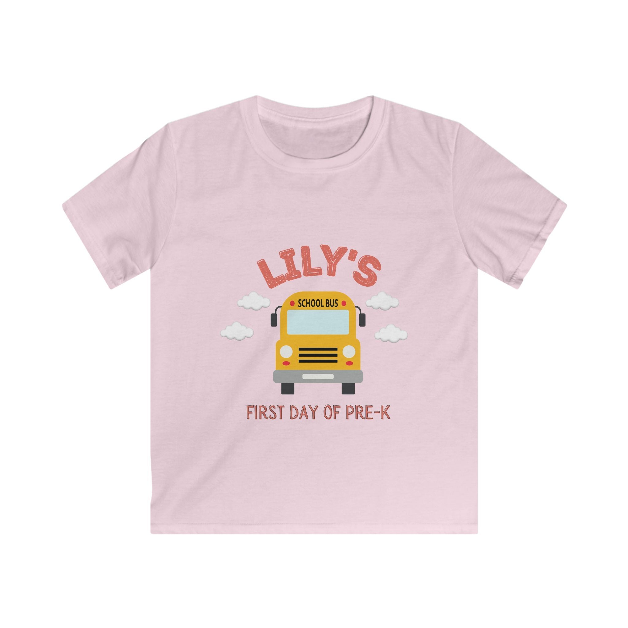 Light pink personalized kids tee with custom name and School Bus First Day of Pre-K design