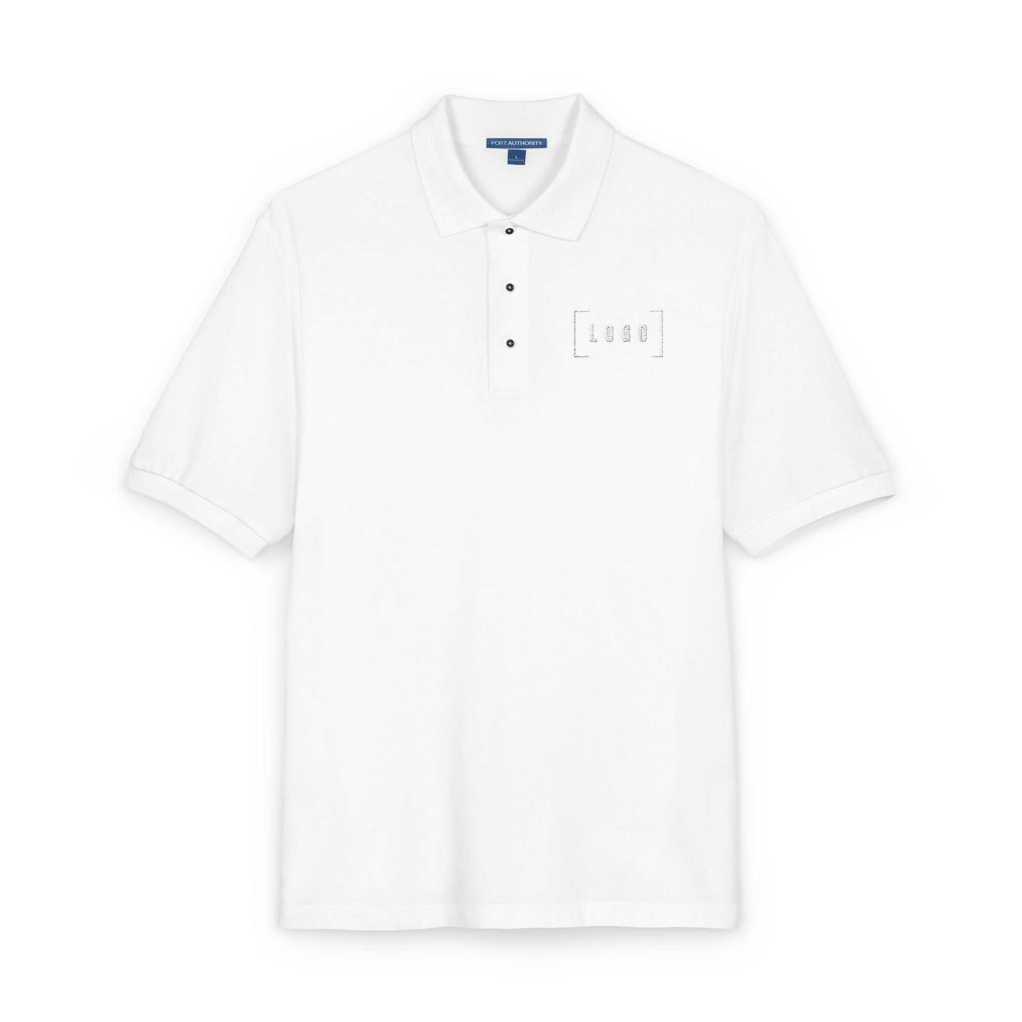 White embroidered polo shirt with a customizable logo on the left chest