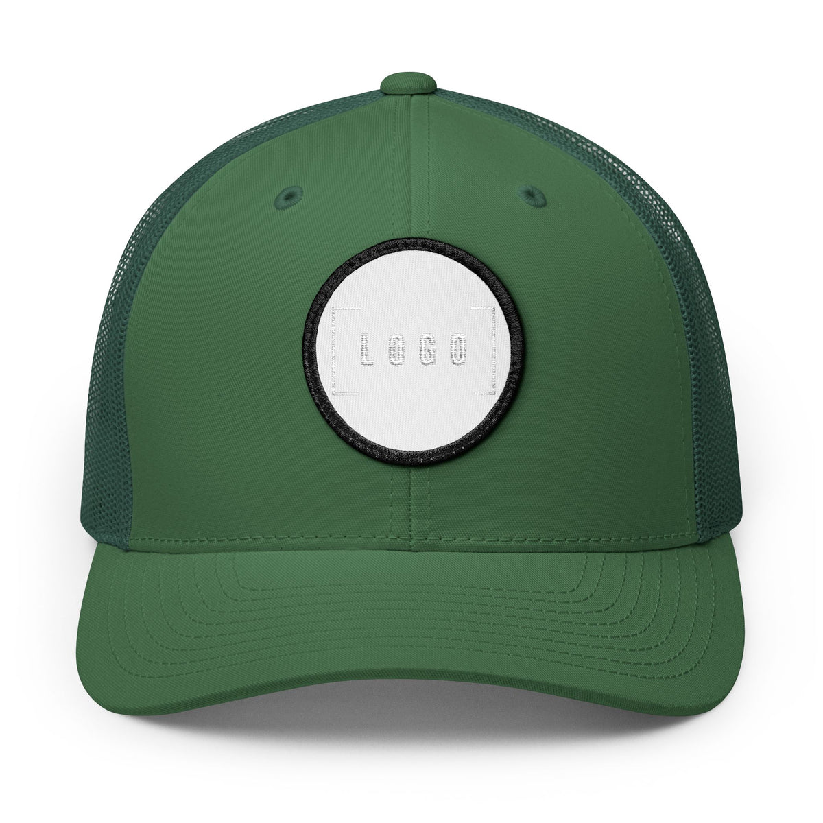Charcoal embroidered trucker cap with a customizable logo on the front panel patch