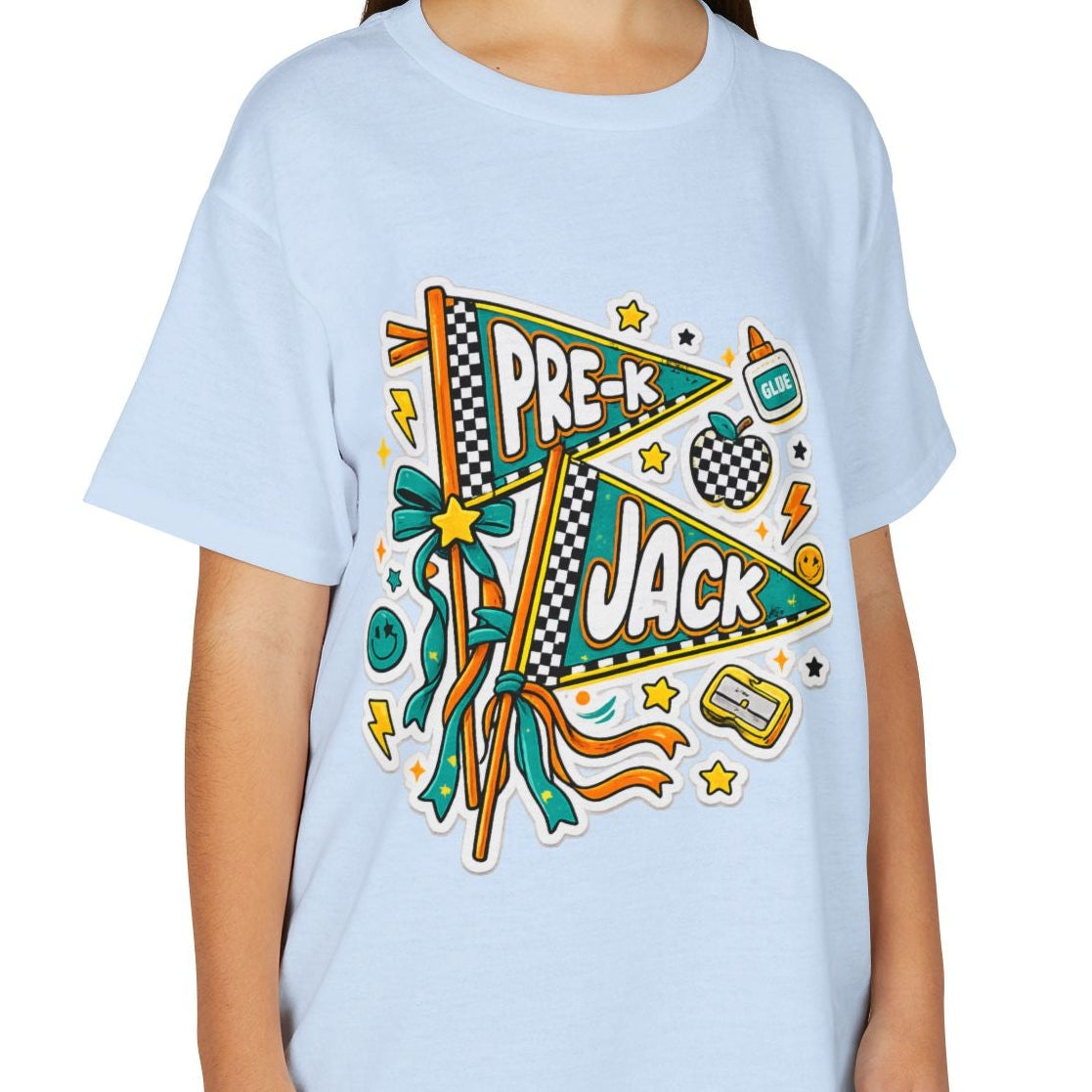 A young girl with long brown hair smiling, wearing a light blue crewneck t-shirt with a colorful 'Pre-Jack' pennant graphic, paired with khaki cargo pants, against a plain white background.