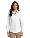 White women's poplin work shirt with a customizable logo on the chest