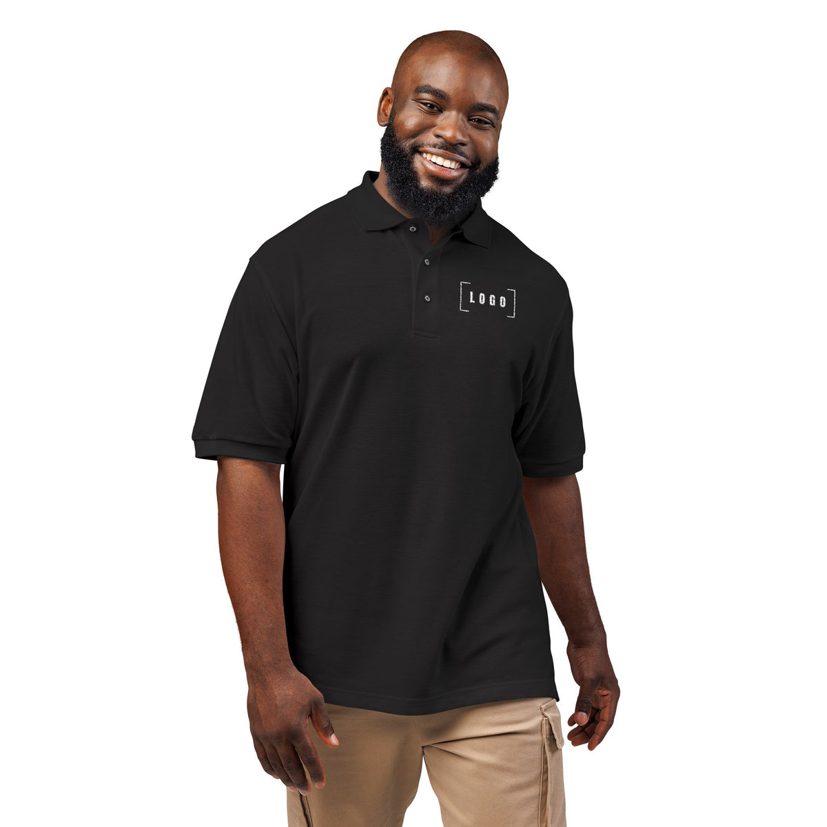 Black embroidered polo shirt with a customizable logo on the left chest