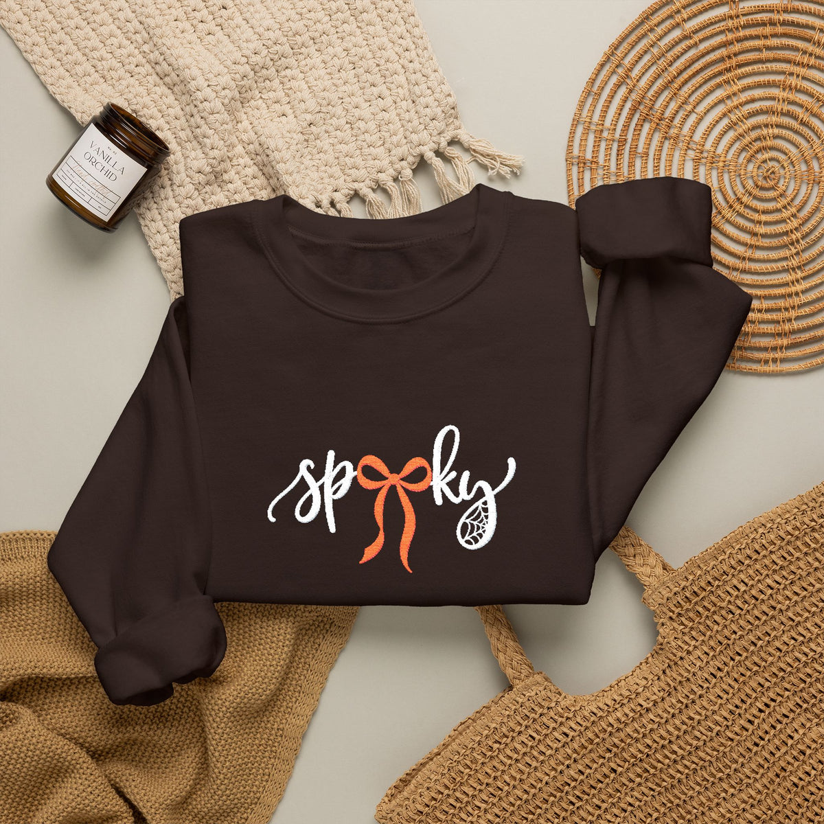 Coquette Spooky Season Embroidered Crewneck, Bow Halloween Sweatshirt