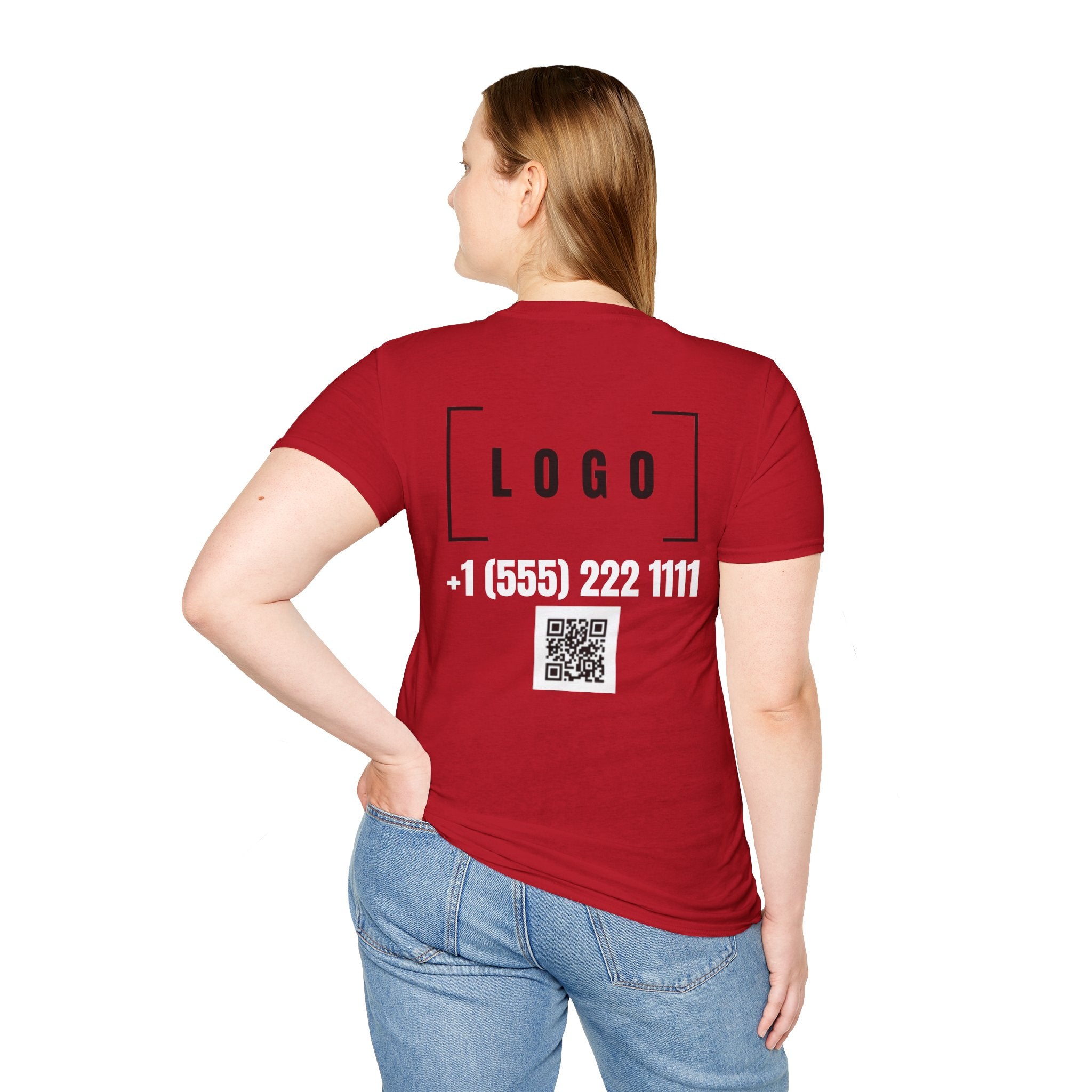 Cherry Red t-shirt with a customizable logo on the back