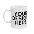 White mug with 'Your Design Here' text on a white background
