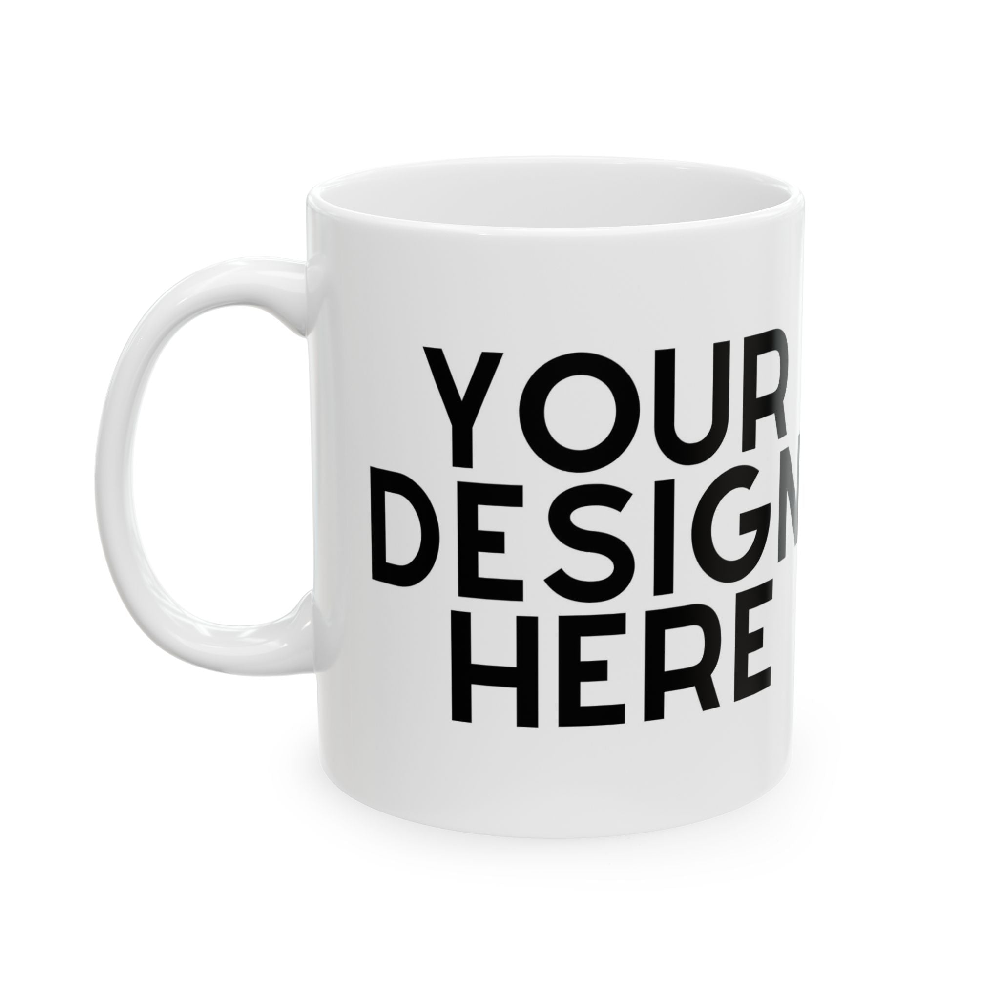 White mug with 'Your Design Here' text on a white background
