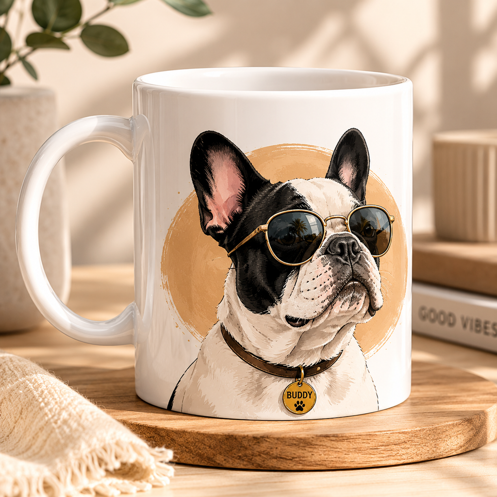 White mug with a dog design wearing sunglasses on a wooden coaster.