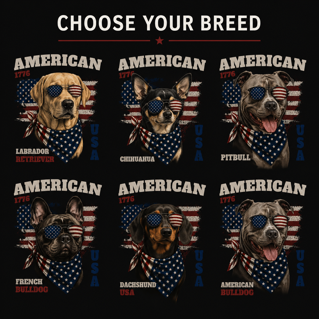 Set of six dog breeds with American flag bandanas on a black background, featuring text 'Choose Your Breed'.
