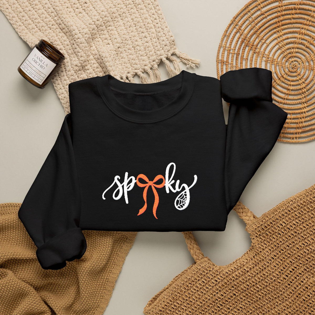 Coquette Spooky Season Embroidered Crewneck, Bow Halloween Sweatshirt