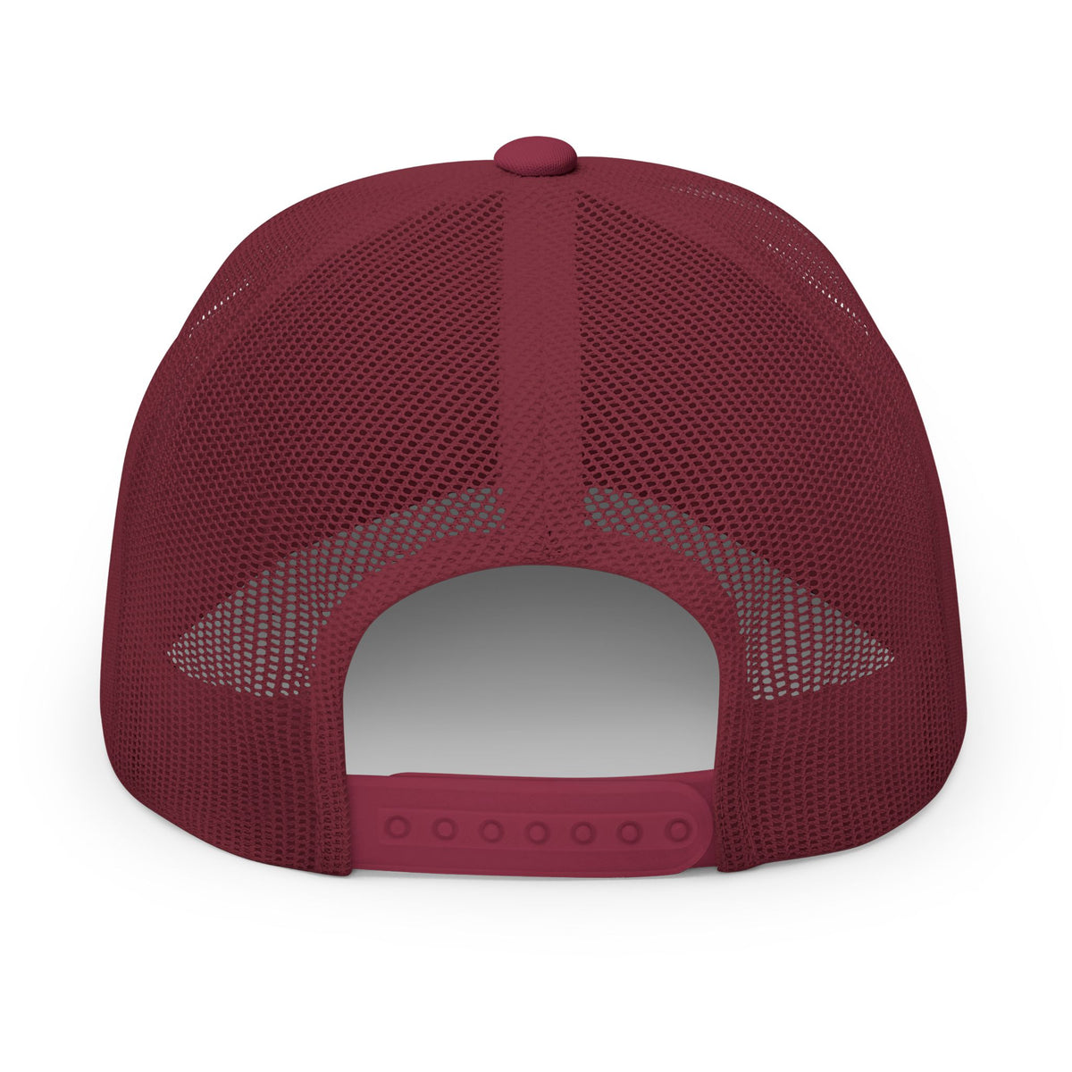 Cranberry embroidered trucker cap with a customizable logo on the front panel patch