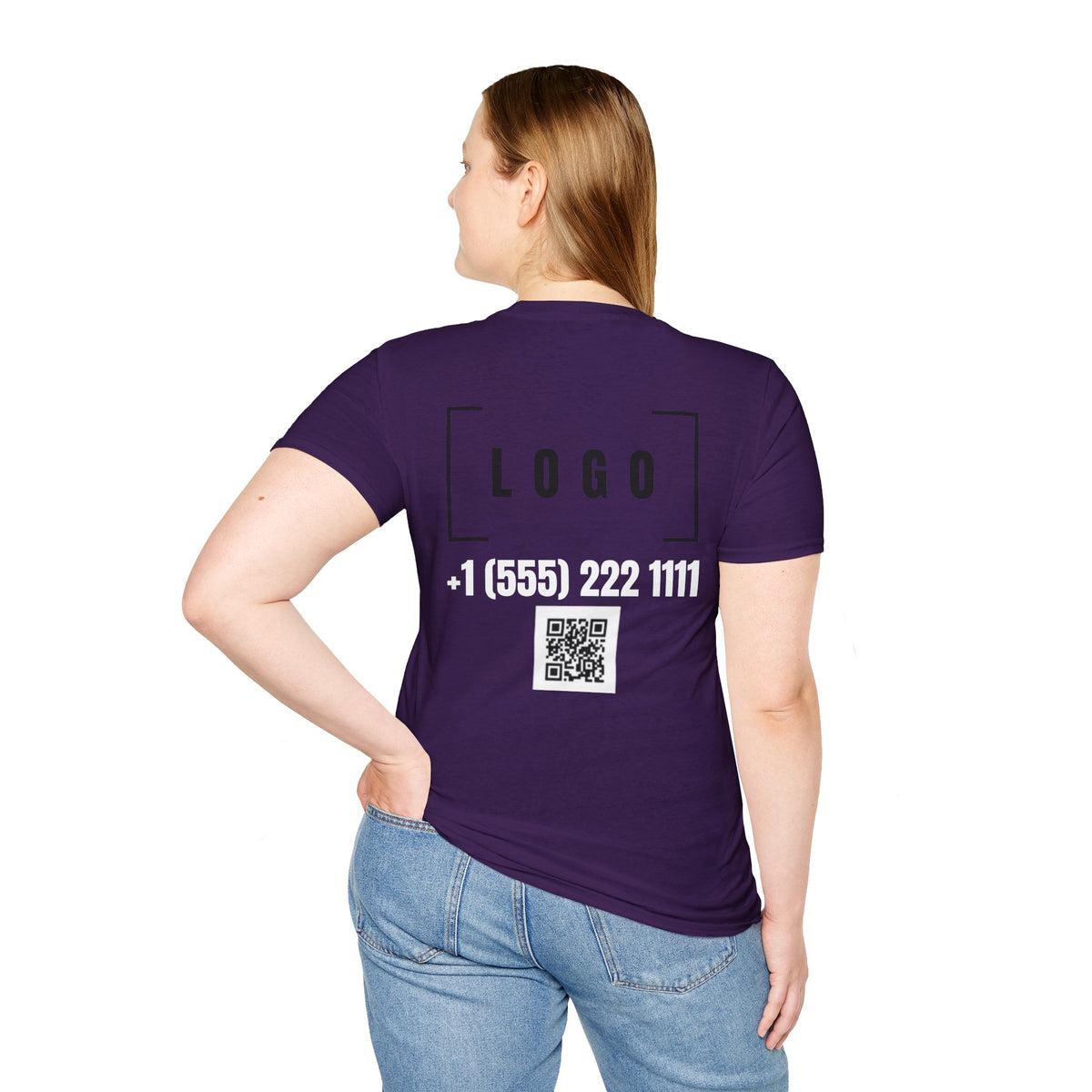 Navy t-shirt with a customizable logo on the back