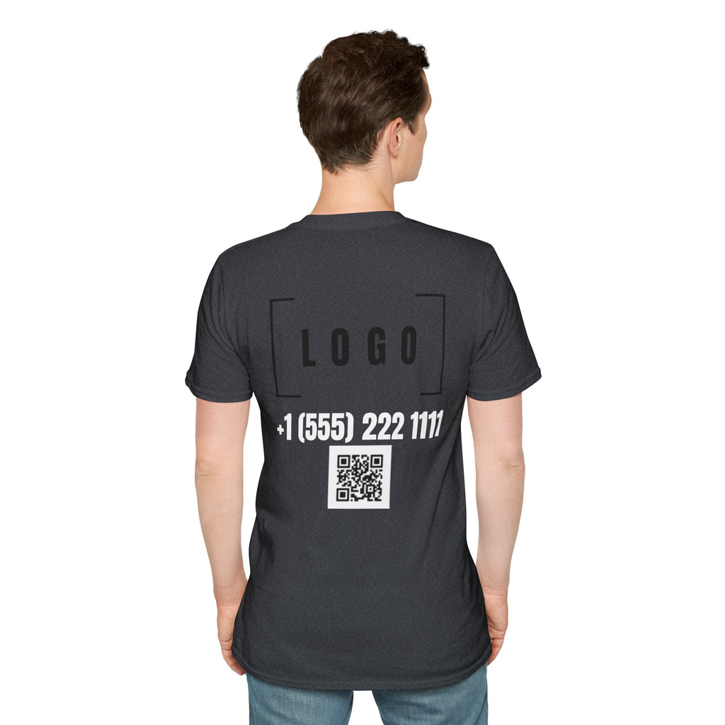 Dark Heather t-shirt with a customizable logo on the back