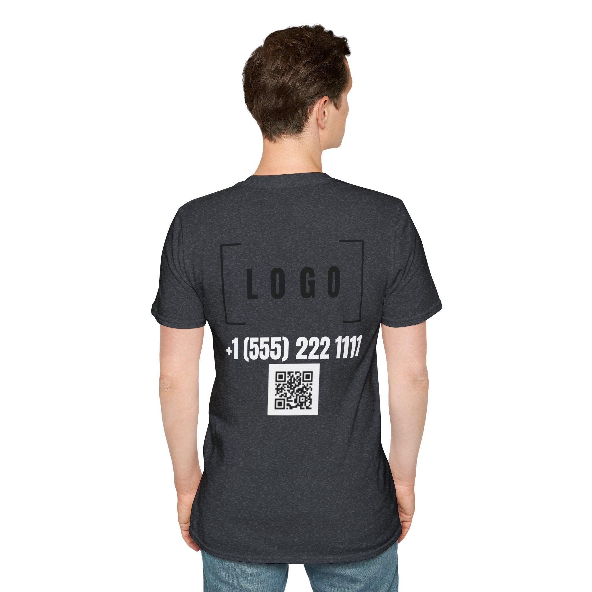 Dark Heather t-shirt with a customizable logo on the back