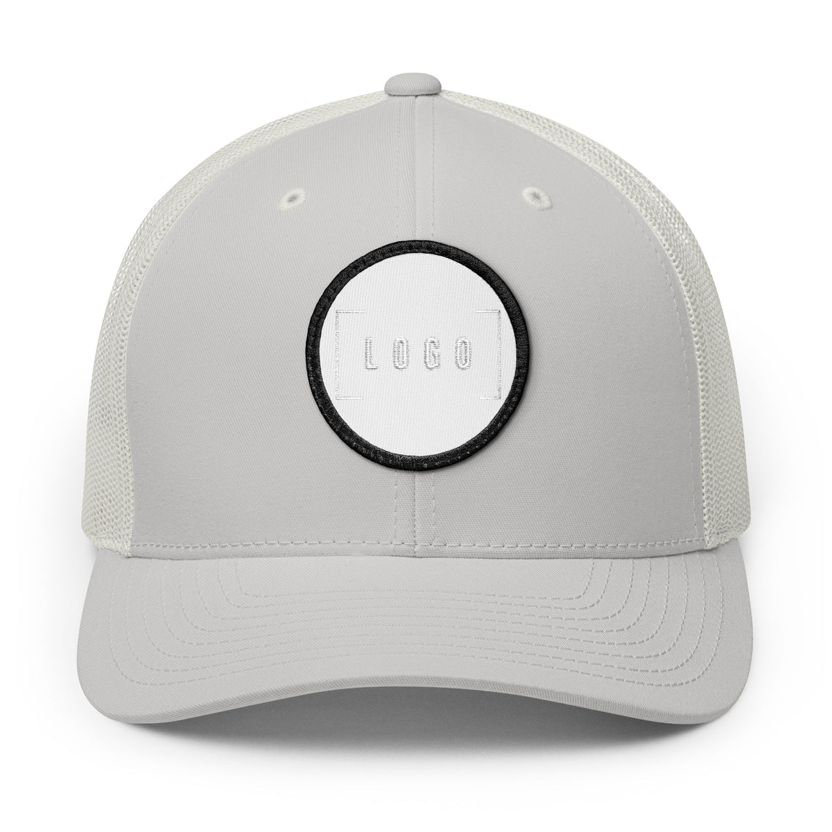 Silver embroidered trucker cap with a customizable logo on the front panel patch