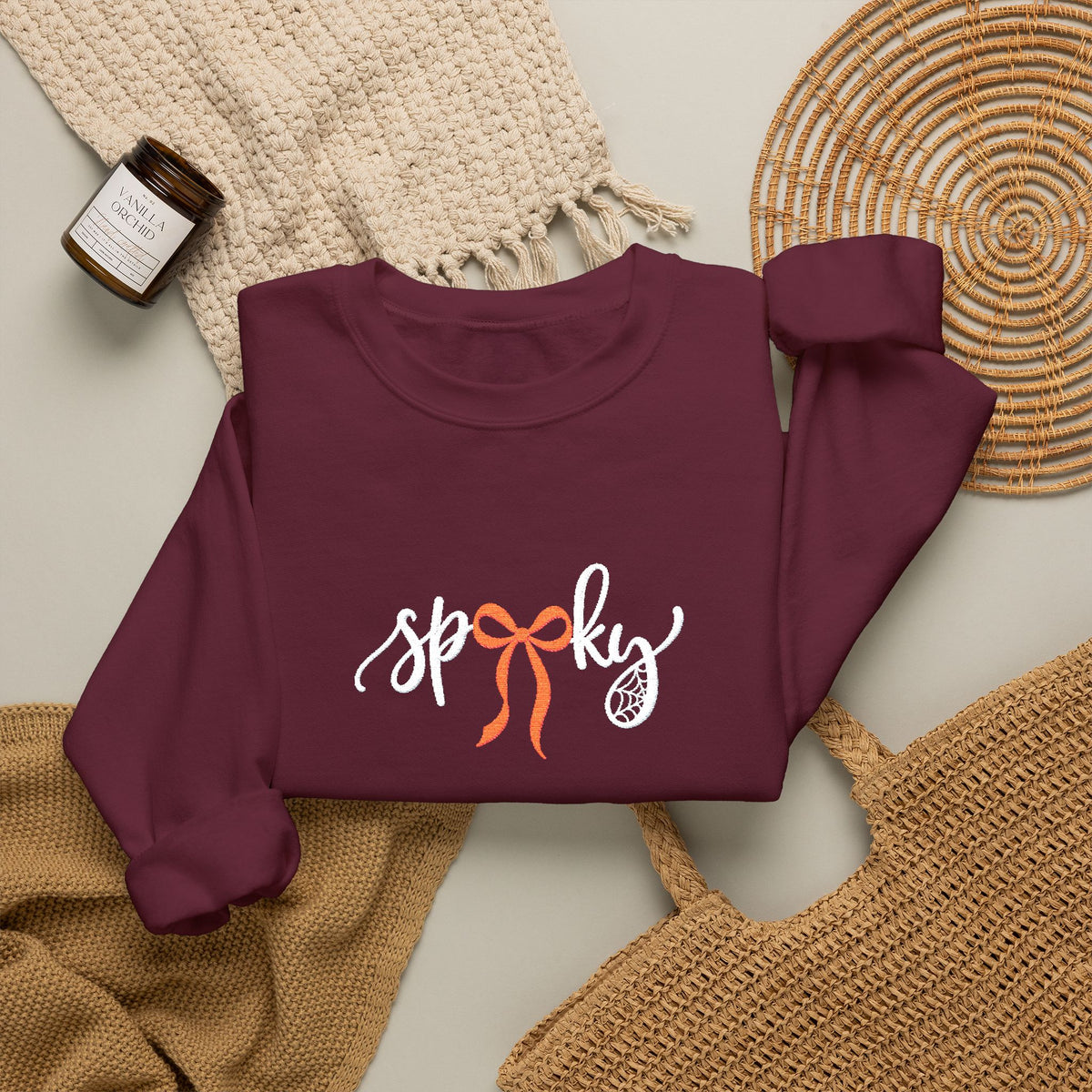 Coquette Spooky Season Embroidered Crewneck, Bow Halloween Sweatshirt