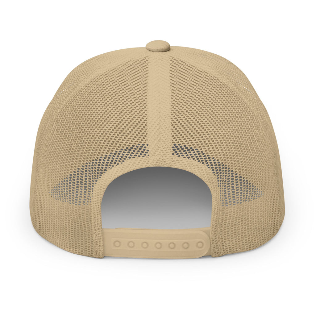 Khaki embroidered trucker cap with a customizable logo on the front panel patch