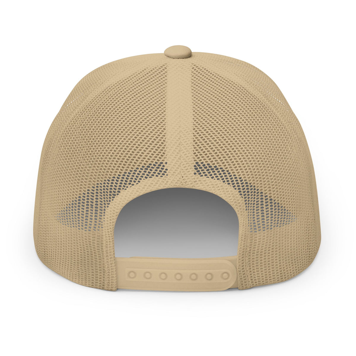 Khaki embroidered trucker cap with a customizable logo on the front panel patch