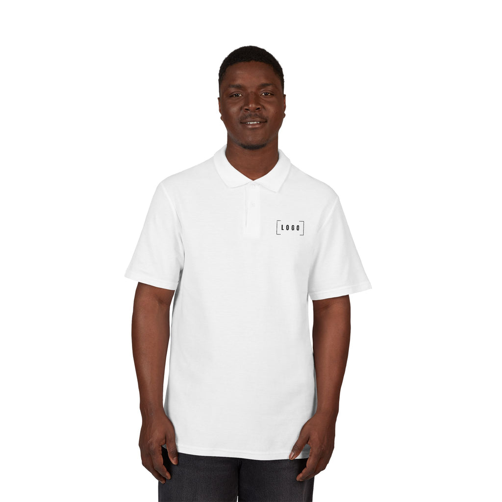 White piqué polo shirt with a customizable logo on the left chest