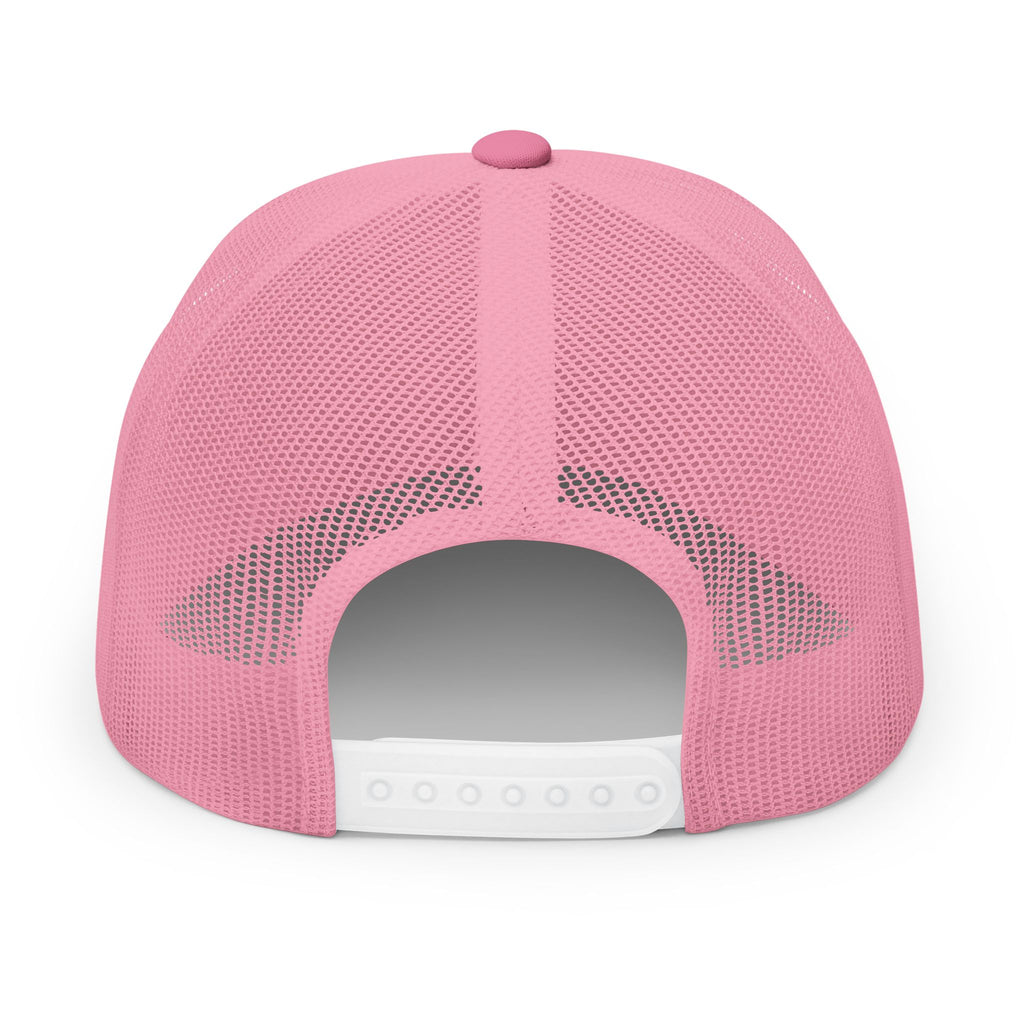 Pink embroidered trucker cap with a customizable logo on the front panel patch