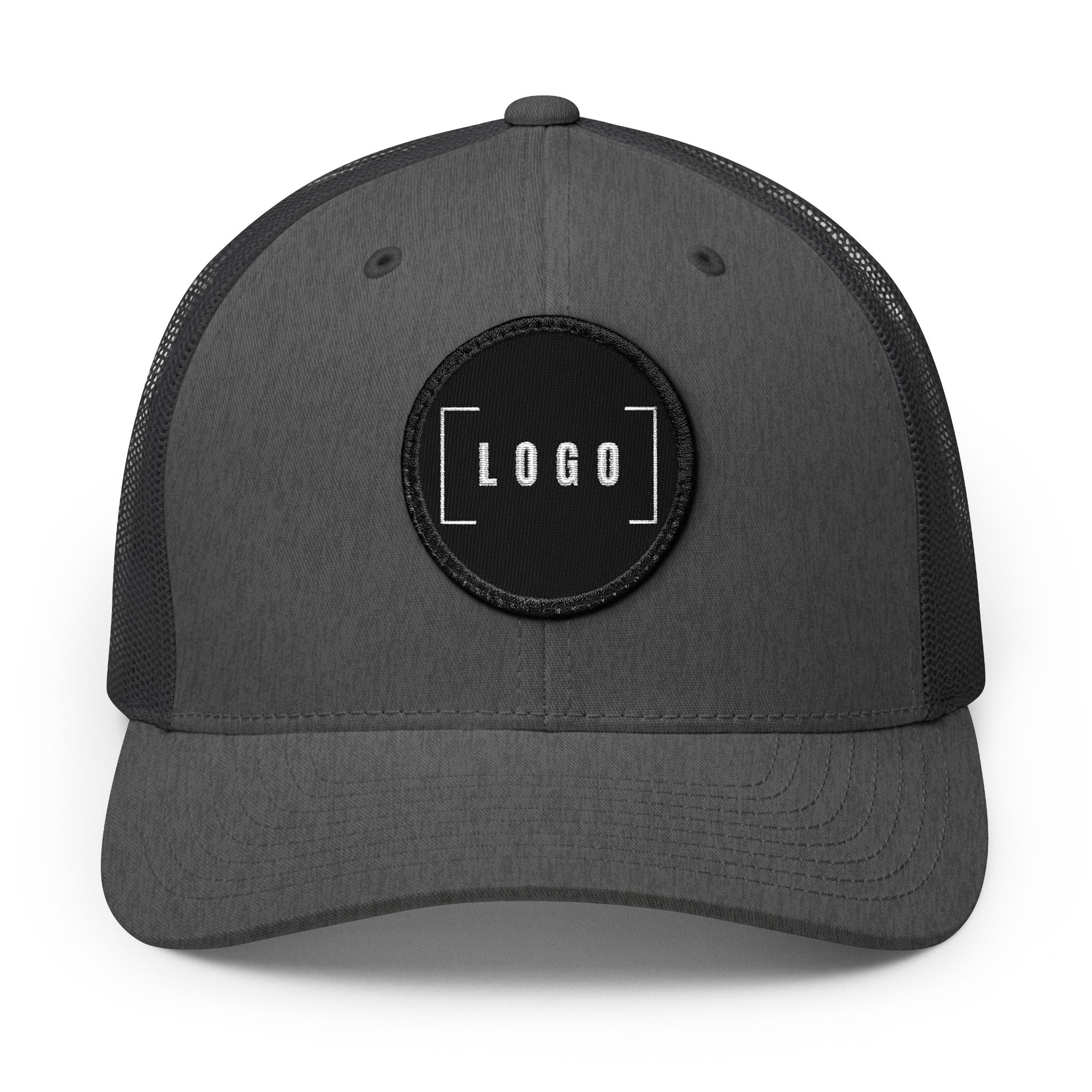 Charcoal embroidered trucker cap with a customizable logo on the front panel patch