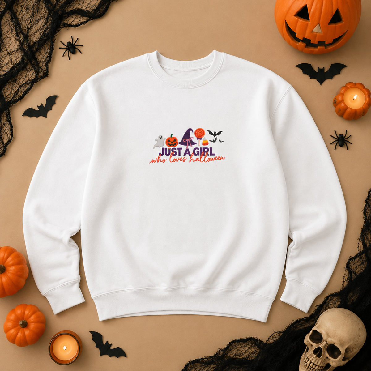 Just a Girl Who Loves Halloween Crewneck, Pumpkin & Bat Sweatshirt