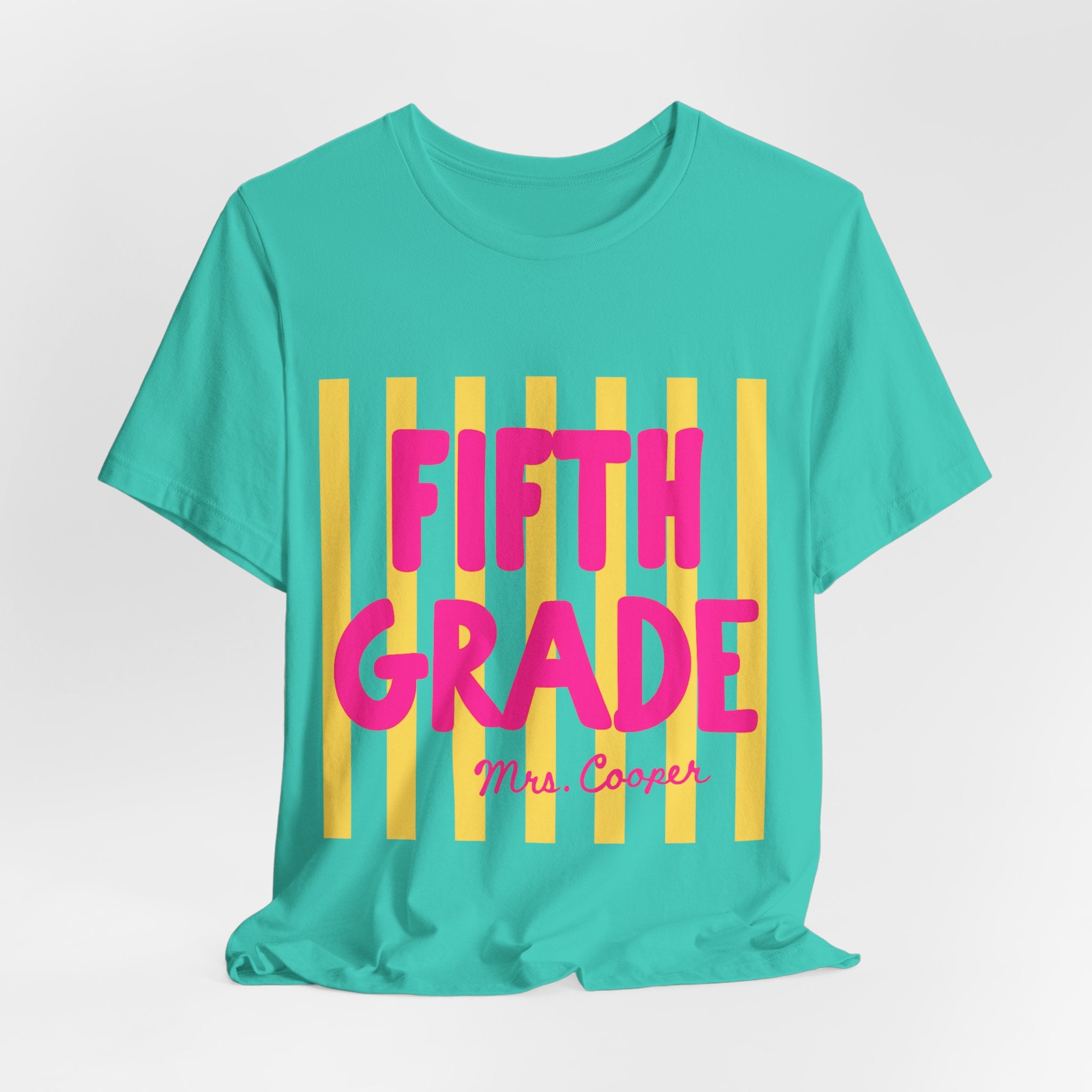 Teal personalized striped teacher tee with custom grade and name text in pink
