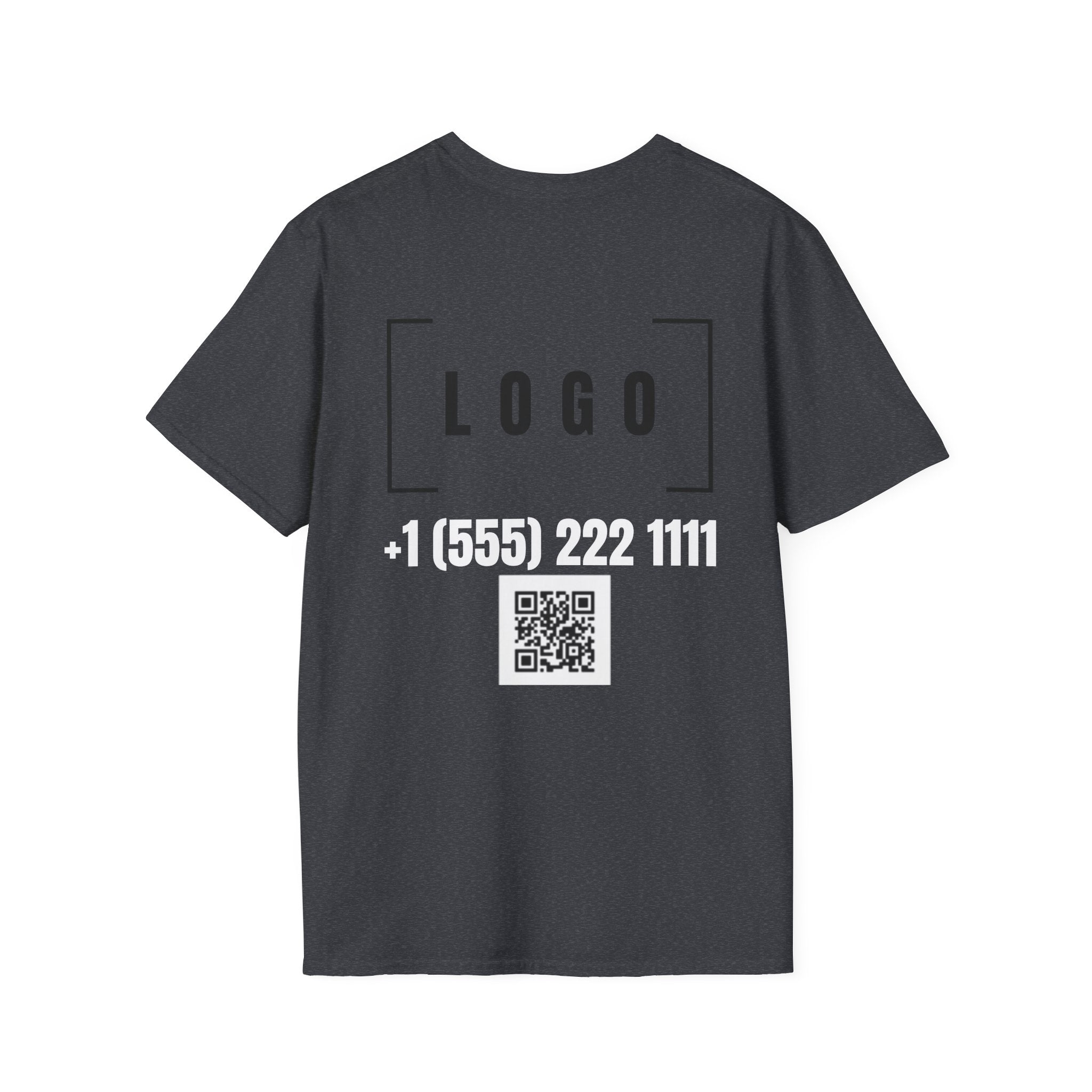 Dark Heather t-shirt with a customizable logo on the back