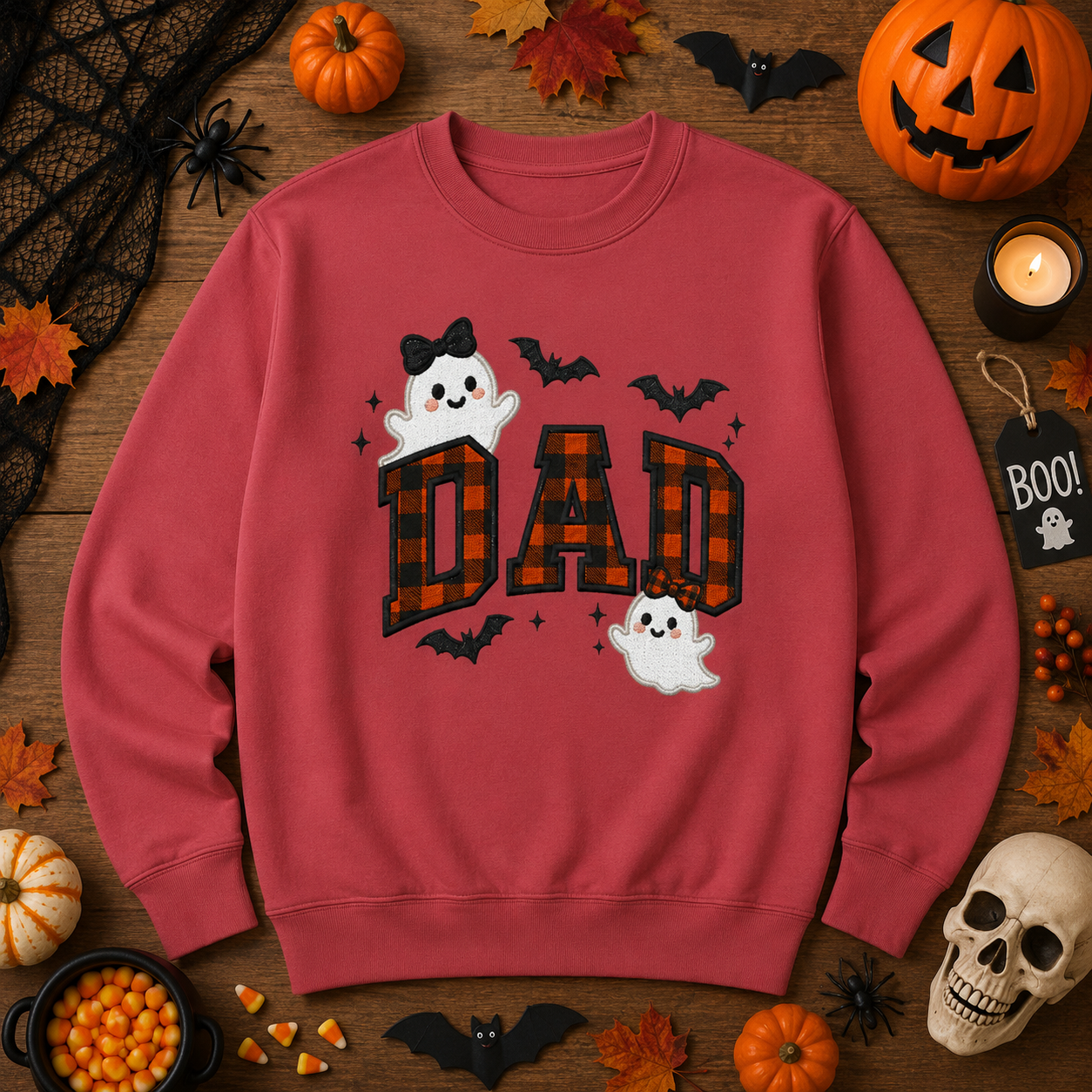 Halloween Plaid Dad Sweatshirt, Ghost & Bat Pullover Gift