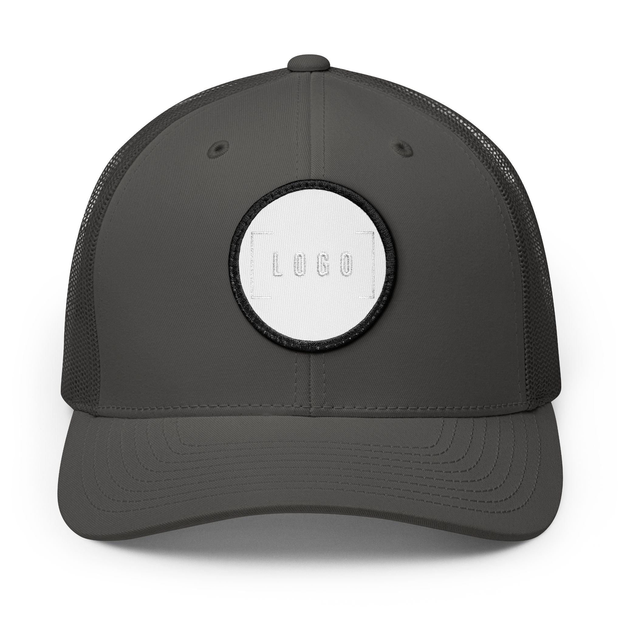Charcoal embroidered trucker cap with a customizable logo on the front panel patch
