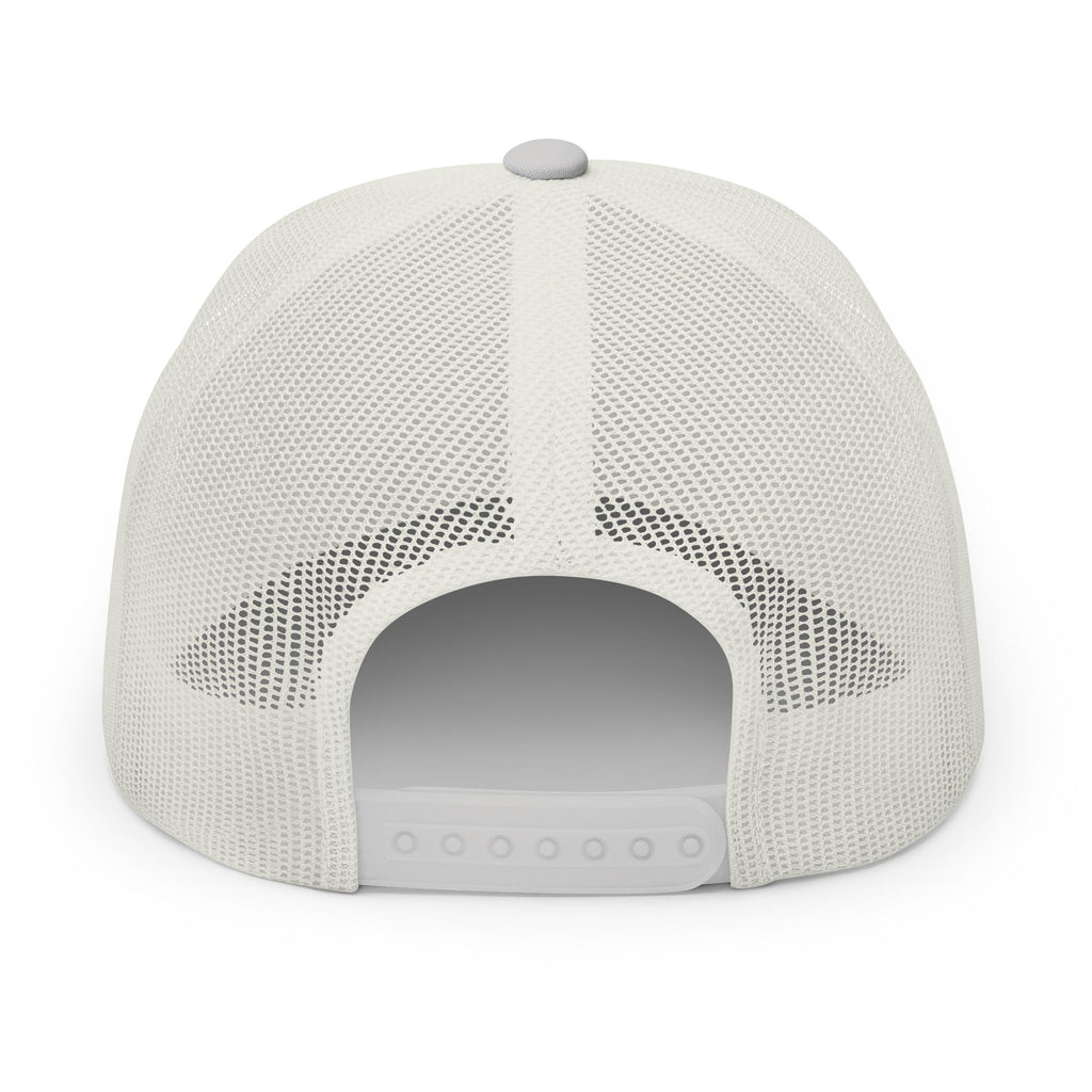 Silver embroidered trucker cap with a customizable logo on the front panel patch