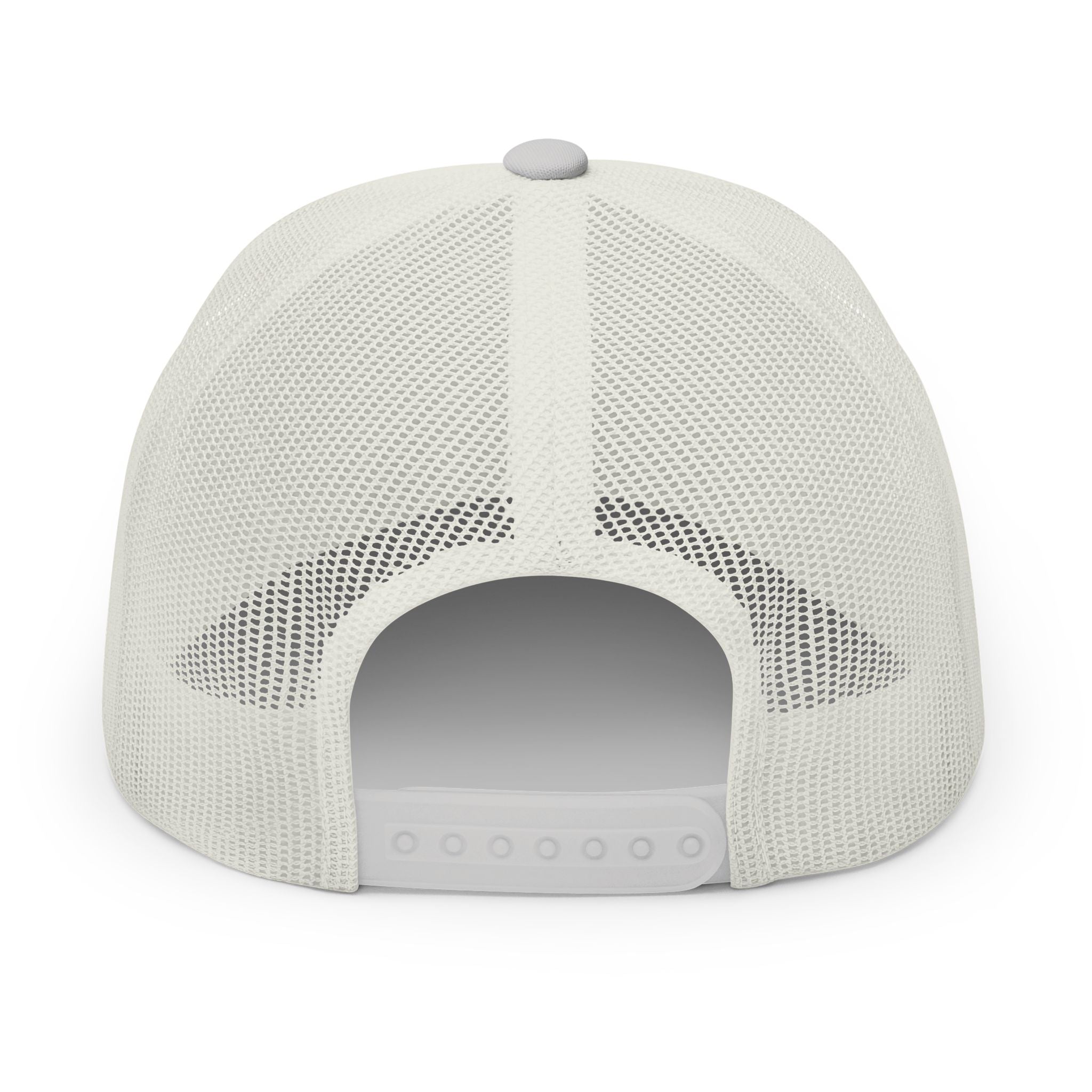 Silver embroidered trucker cap with a customizable logo on the front panel patch