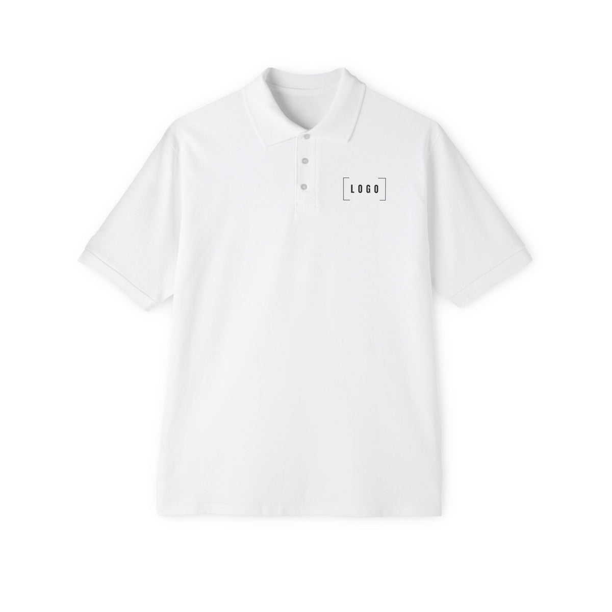 White men's piqué polo shirt with a customizable logo on the chest