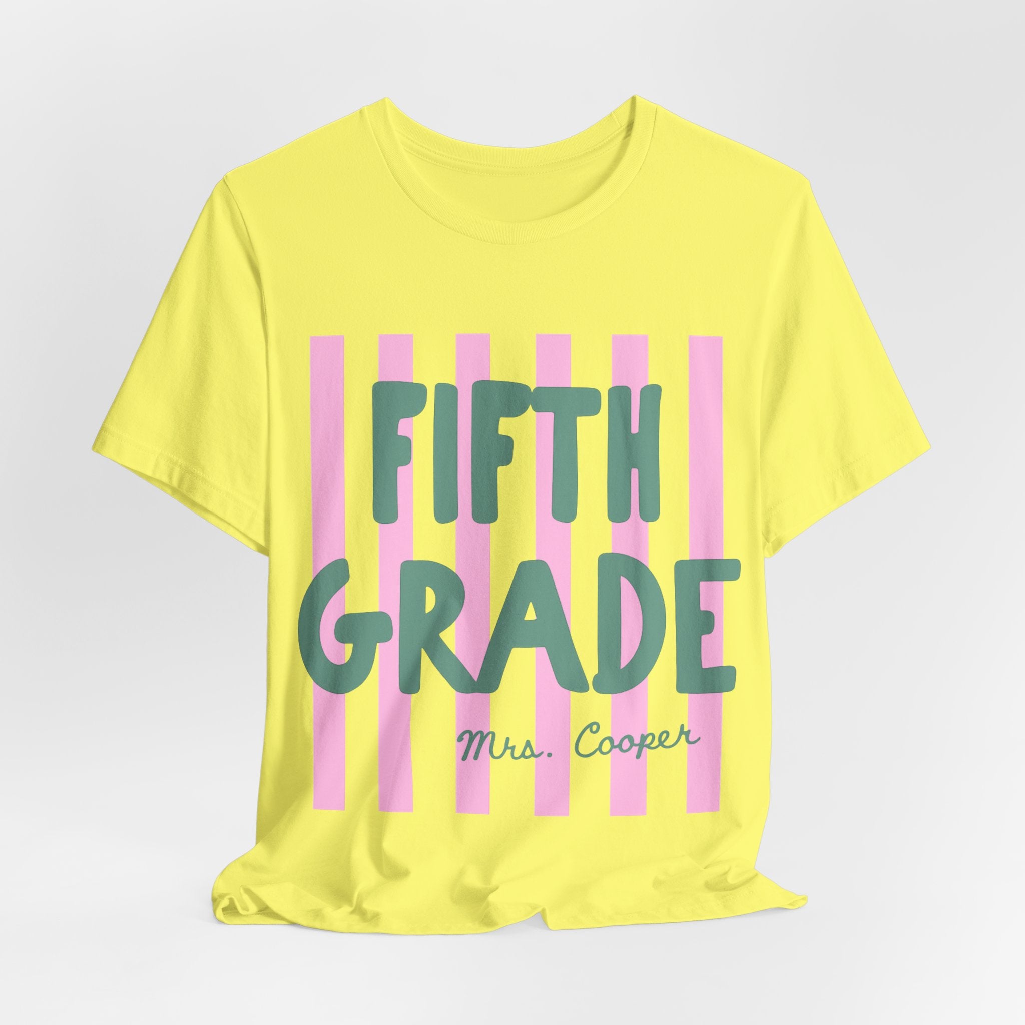 Yellow personalized striped teacher tee with custom grade and name text in green