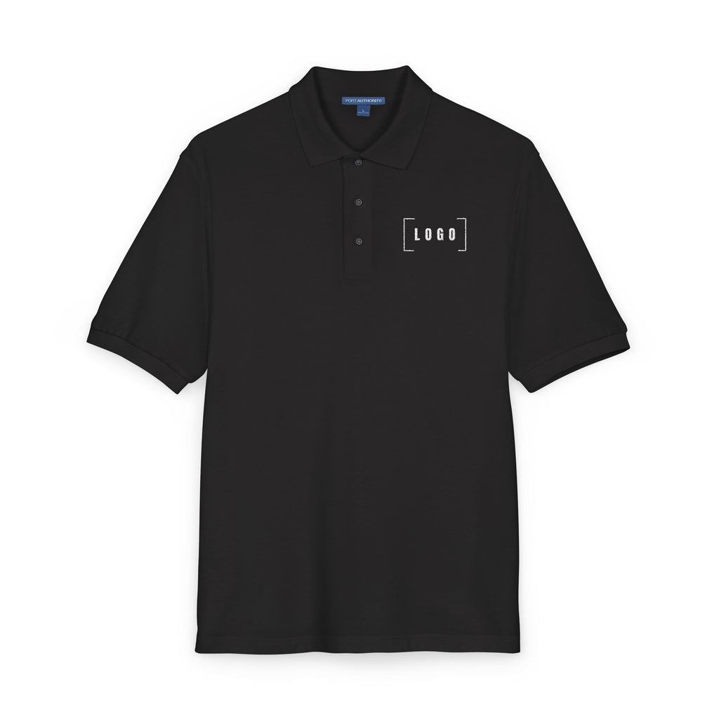 Navy embroidered polo shirt with a customizable logo on the left chest