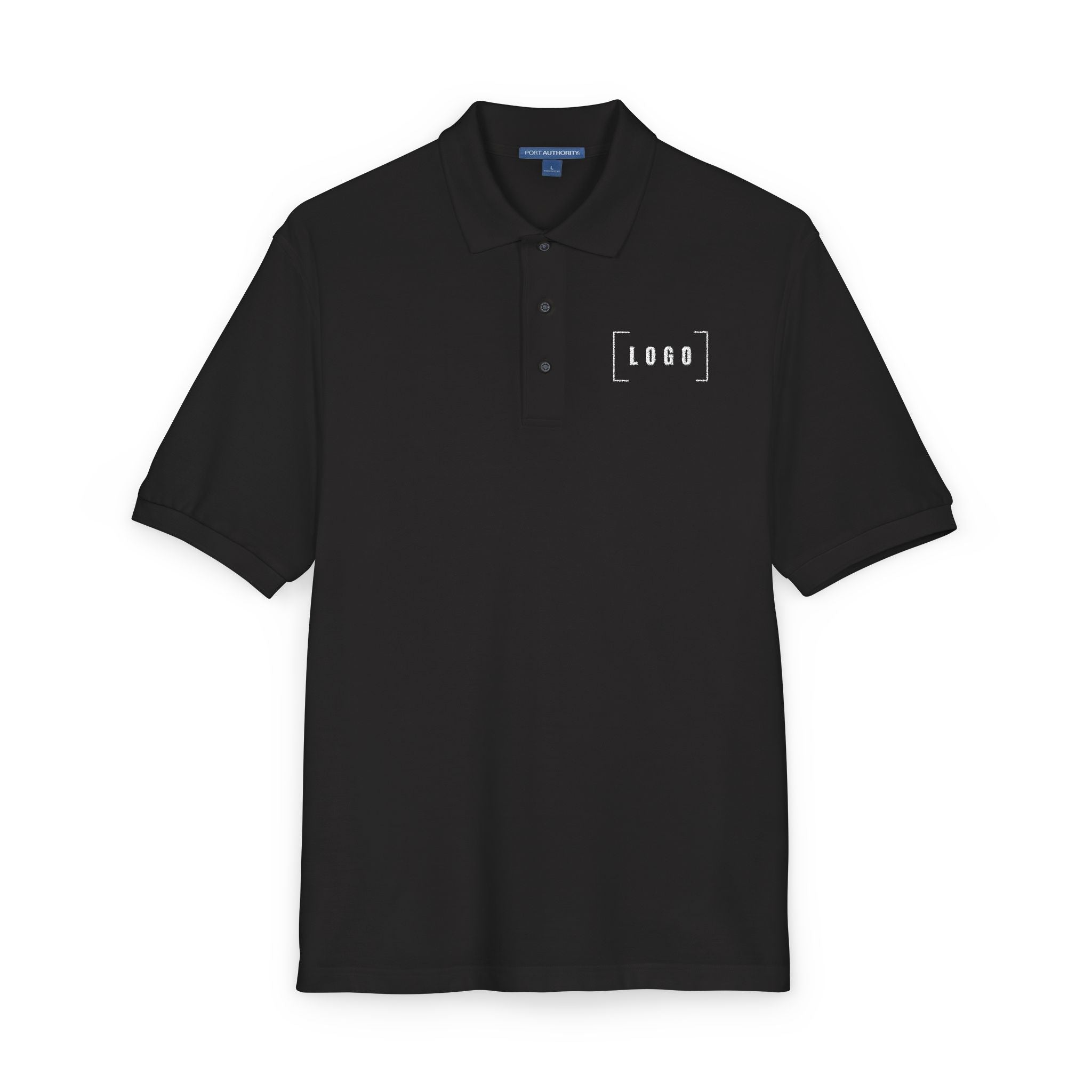 Navy embroidered polo shirt with a customizable logo on the left chest